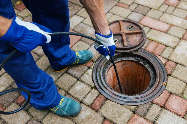 Affordable Drains Technician using hydro jetting equipment to clean a clogged sewer line on a brick patio in Spokane, Washington